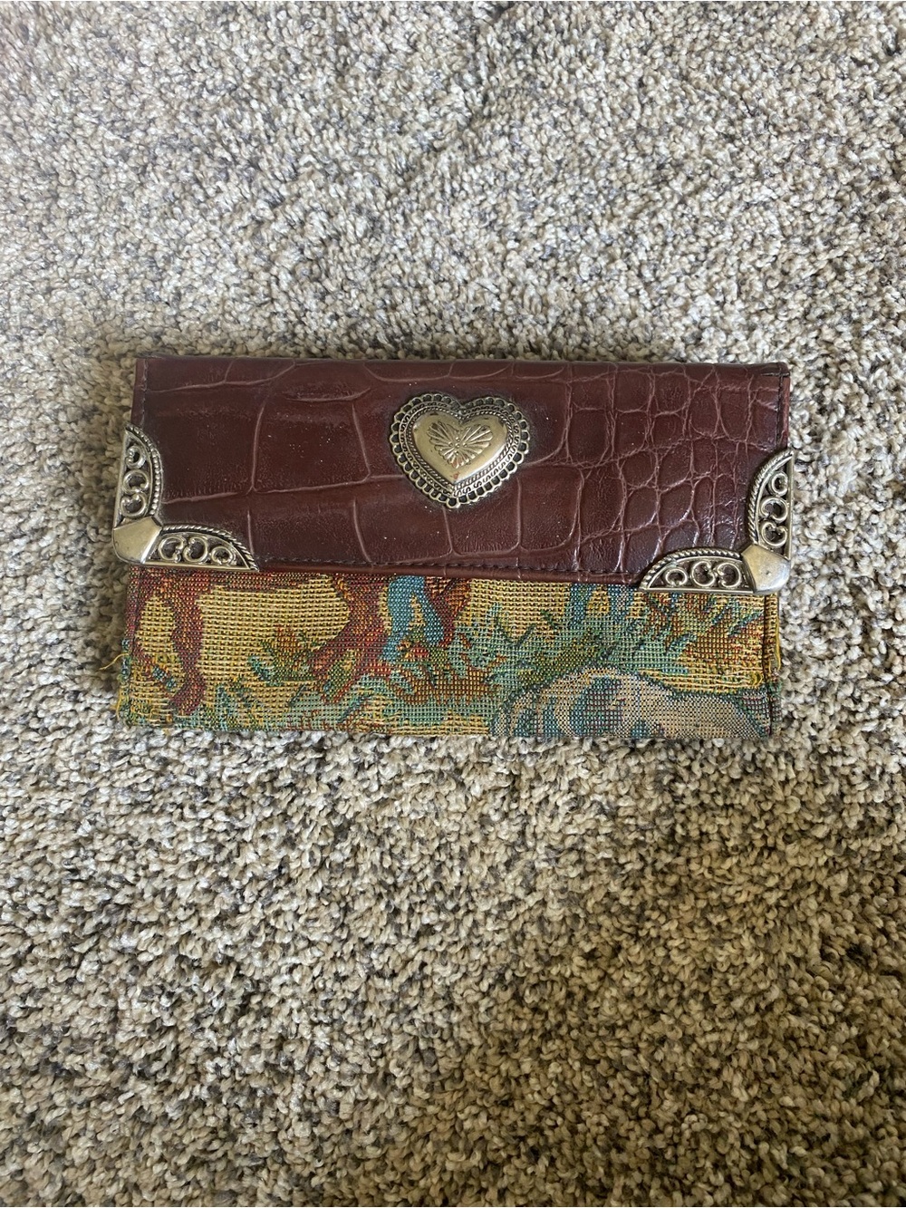 Brown Croc-Embossed Heart Accent Wallet with Tapestry Panel